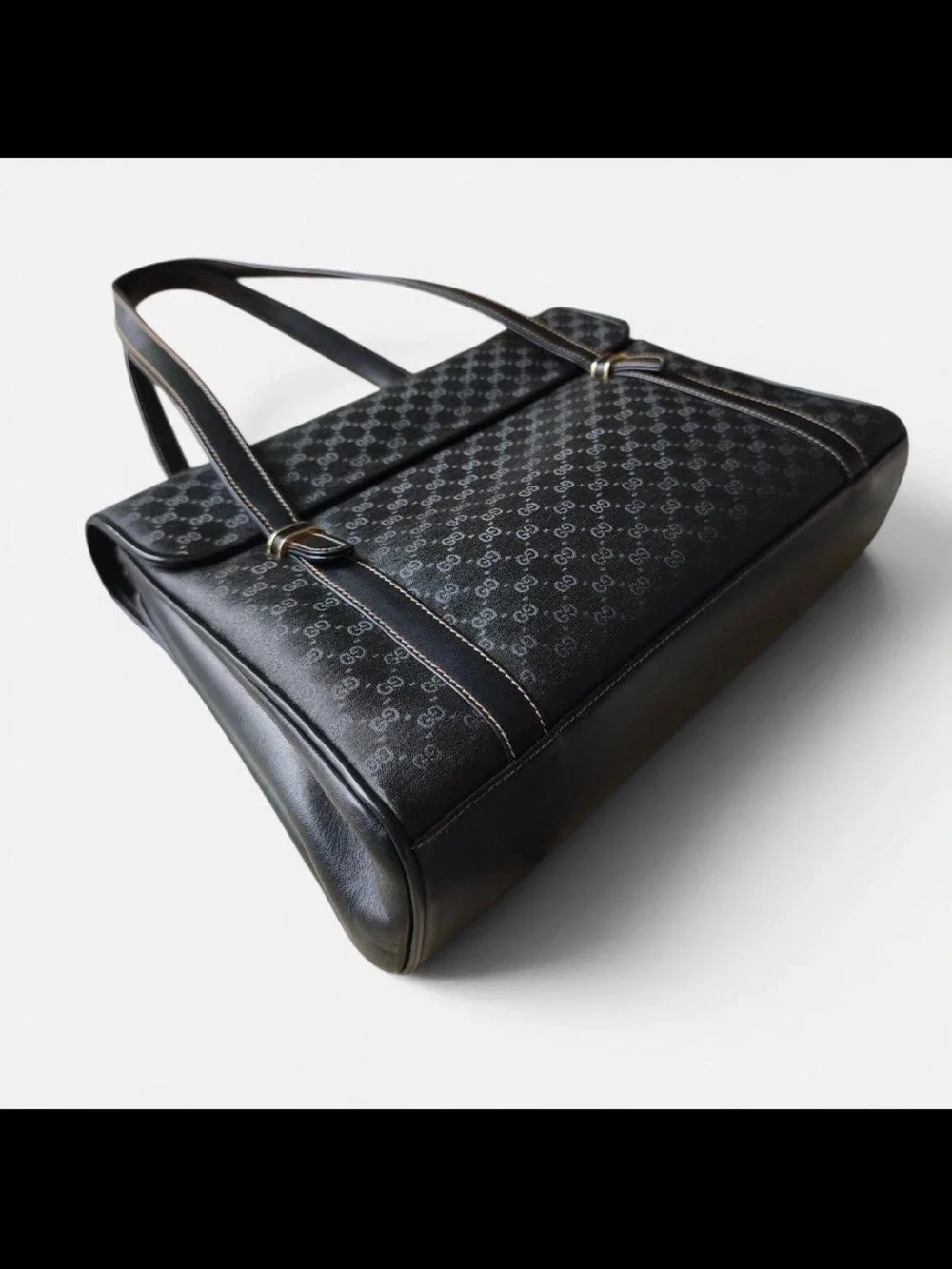 Gucci Black Monogram Satchel with Gold-Tone Oval Emblem